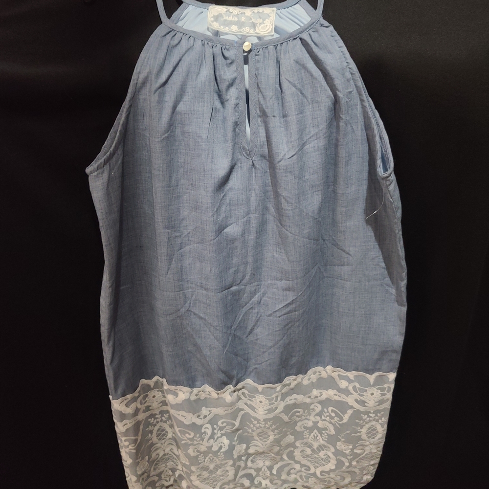 Blue Sleeveless Dress with Lace Hem